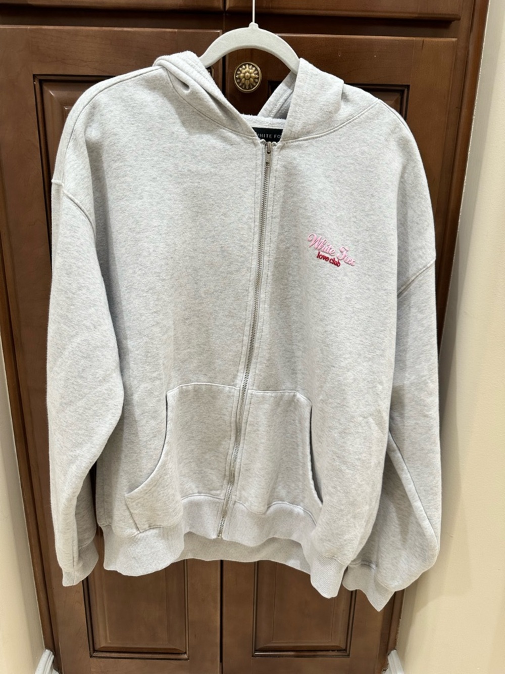 White Fox Boutique Light Gray Zip-Up Hoodie with Pink Embroidery